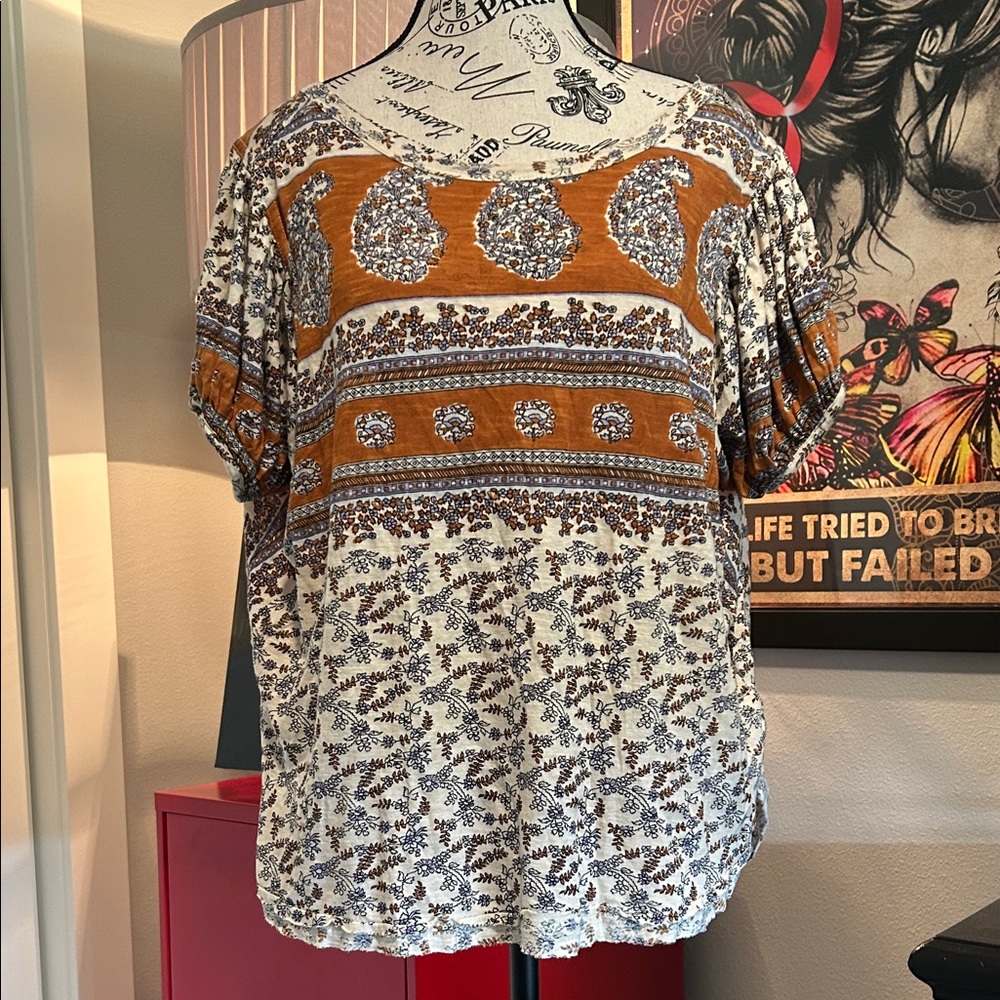 Free People Bohemian Floral Blouse - Orange and White